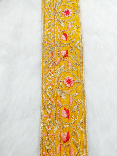 Mustard Yellow Art Silk Trim In Gold Floral Embroidery, Embroidered Flowers Border, Decorative Trim, Trim by Yard | 9 Yards